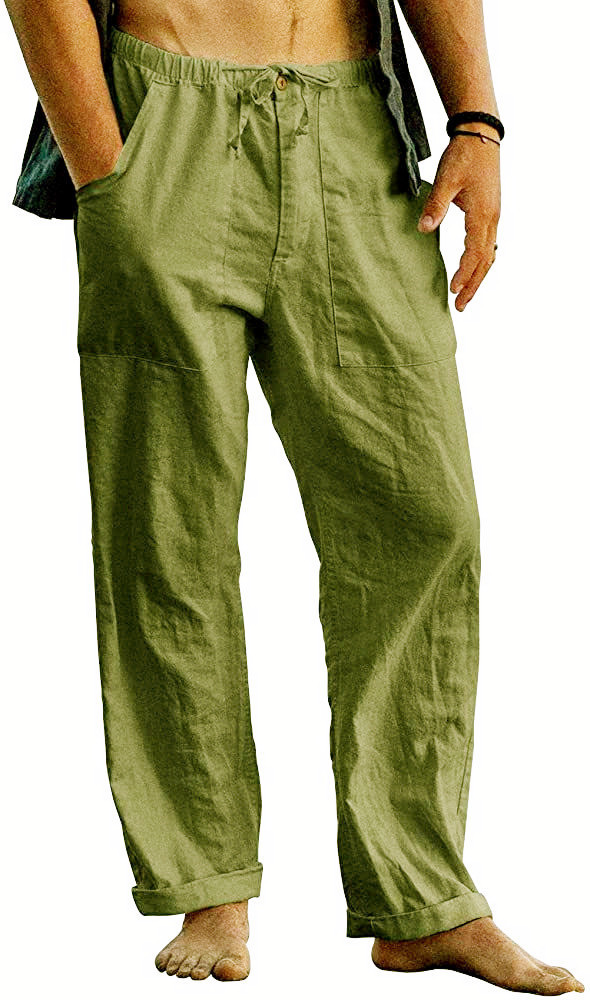 Pantalon long en lin pour homme, style yoga, plage, été décontracté, avec cordon de serrage à la taille et poches, collection européenne et américaine 2022_voghion.com