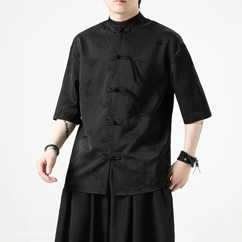Camisa de seda de hielo de estilo chino para hombre con hebilla de disco de verano, traje Tang, manga corta, cuello alto chino, manga de cinco puntos, Hanfu, traje de estilo delgado