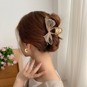 French temperament hairpin catch net yarn lace bowknot hairpin top diamond clip to catch Han Guochao fairy tire hair