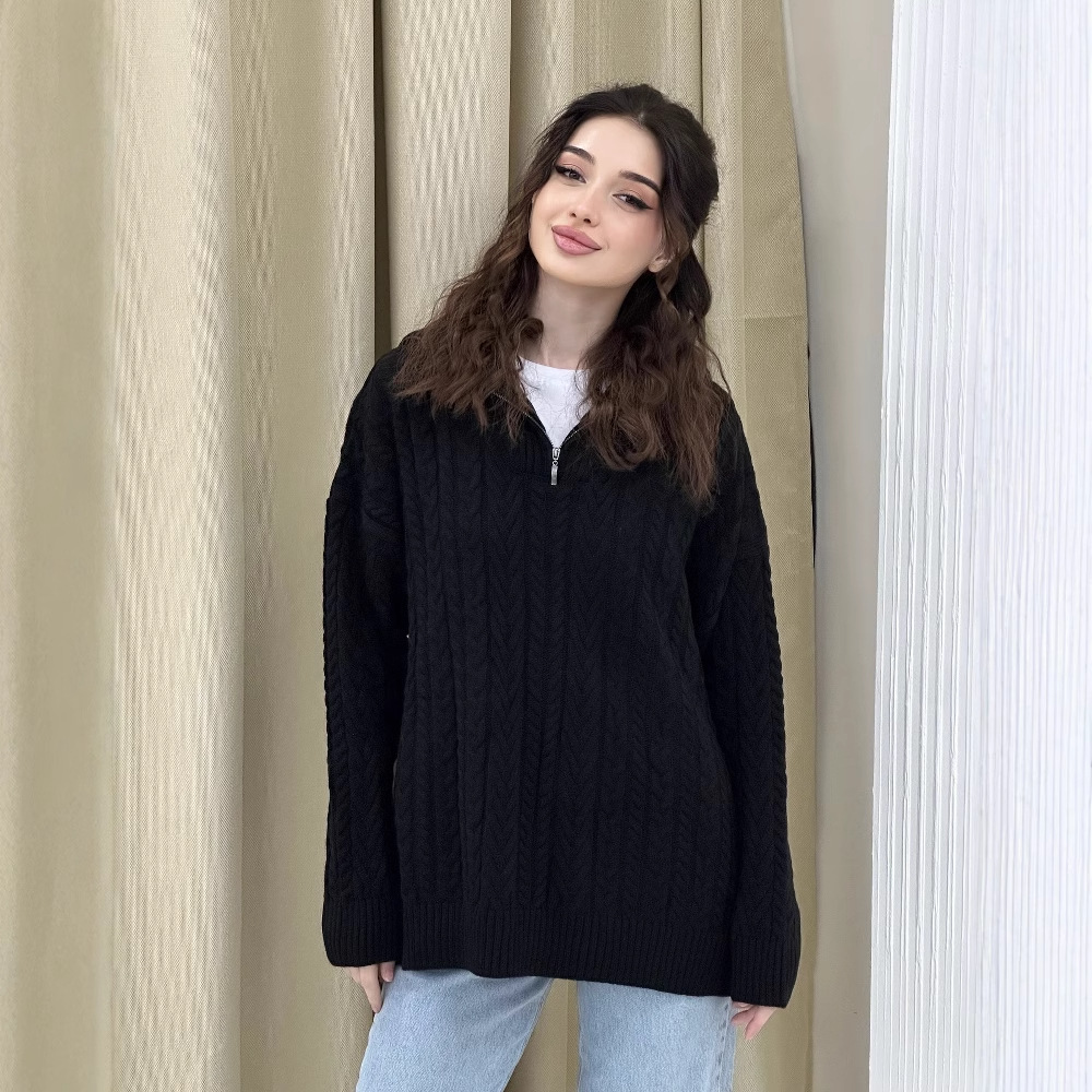 2024 otoño y invierno nuevo estilo europeo y americano Amazon transfronterizo de moda de color sólido medio cremallera cuello redondo grueso camisa de punto suelta