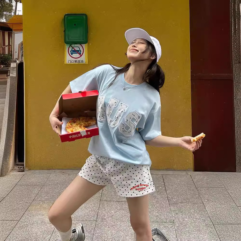 2024 Summer Thin American Style Retro Campus Style Slogan Polka Dot Women's Trendy Slim-Fit Casual Shorts