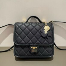 高版25b新款四叶草鱼子酱双肩包黑色高级慵懒风可爱背包手提包女