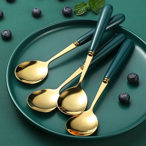Emerald stainless steel spoon for home drinking soup and eating Korean style cute thickened long handle spoon spoon fork set