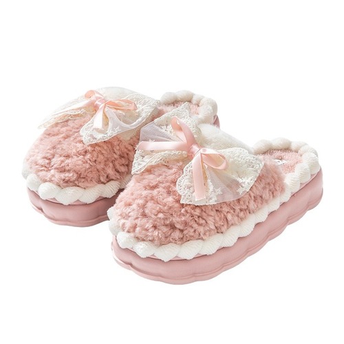 New Style Cotton Slippers for Women with Bowknot, Soft Sole Home Leisure Plush Warm Cotton Slippers for Men and Couples Indoor Fluffy Slippers