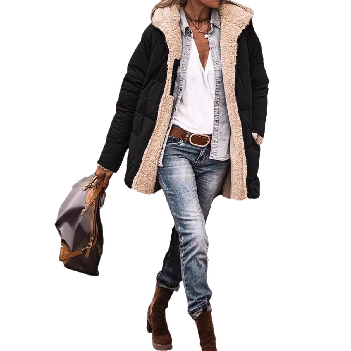 Women's Clothing Solid Color Hooded Cotton Coat Long Sleeved Reversible Slim Fitting Cardigan Jacket Top_voghion.com