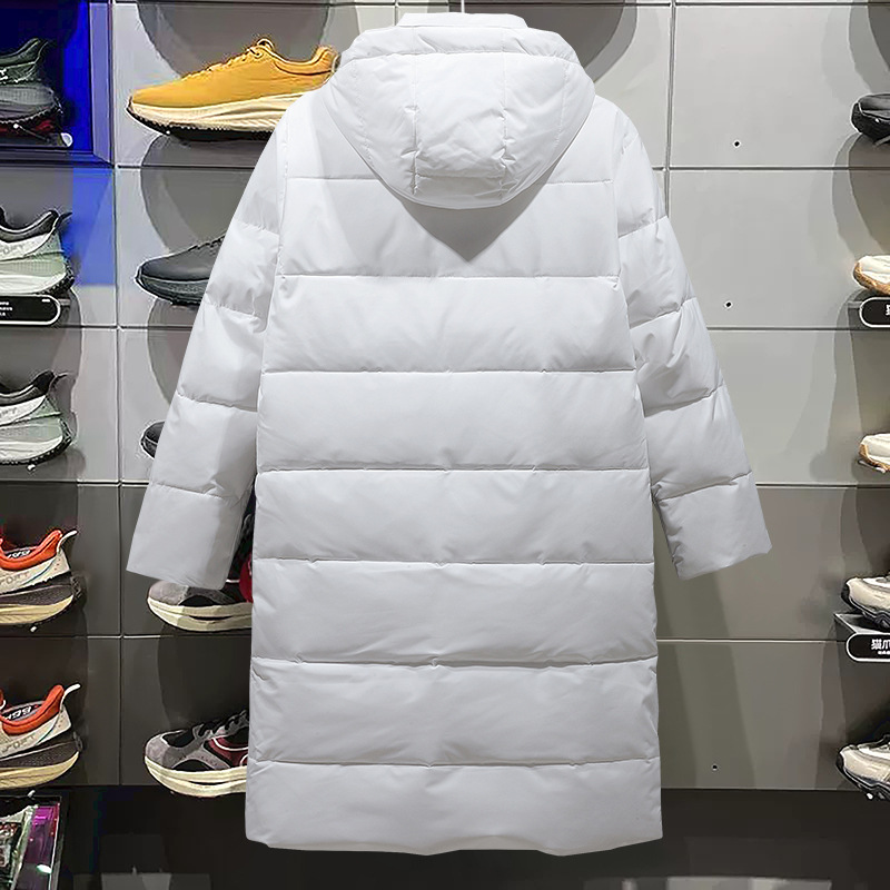 Invierno transfronterizo chaqueta de pluma media larga con capuzas para hombres y mujeres gruesa y cálida chaqueta de pluma blanca con chaqueta de trabajo de tamaño grande