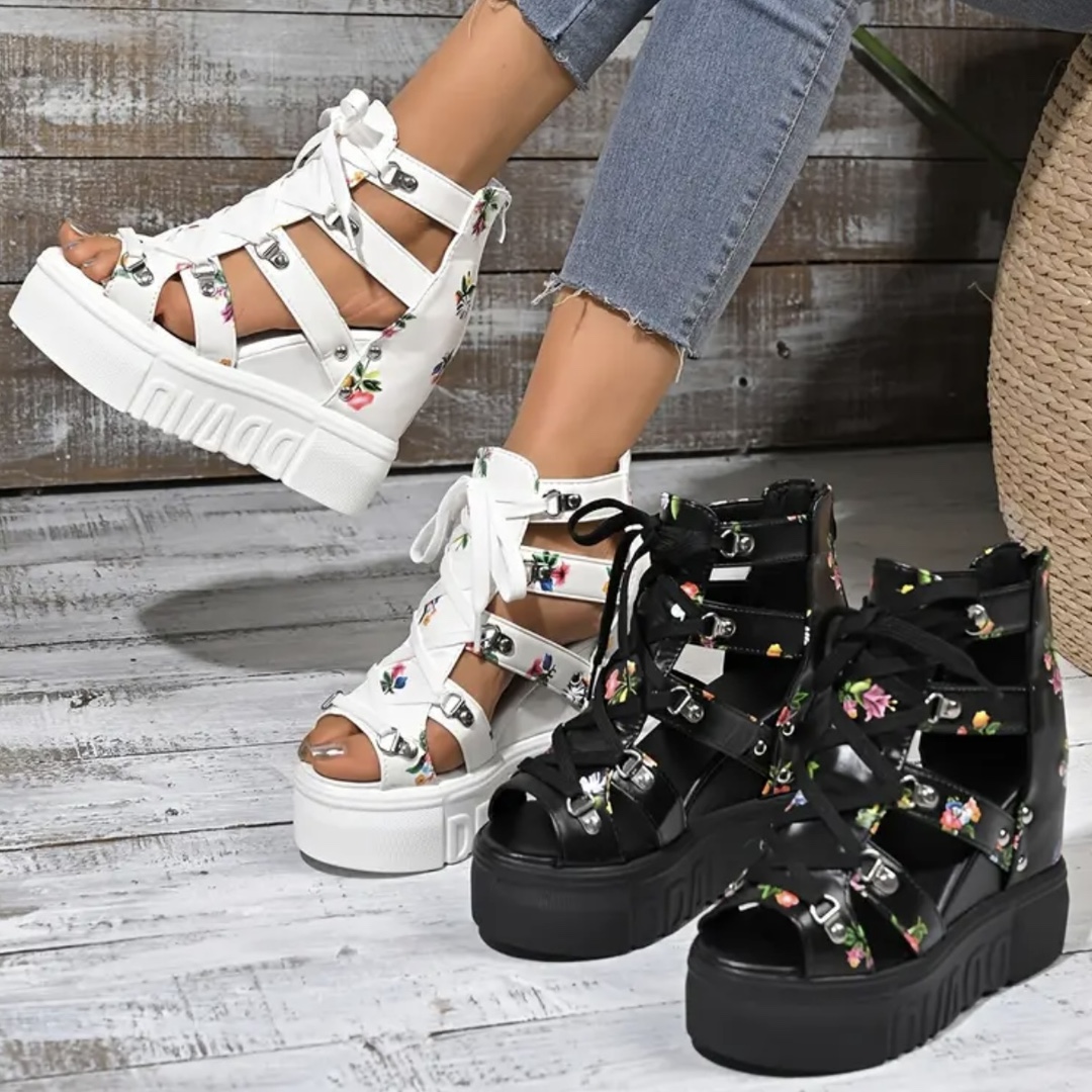 2025 여름 대외 무역 인기 여성 신발 새로운 로마 샌들 여성 하이힐 컬러 매칭 크로스 스트랩 여성 신발 12cm 슈퍼