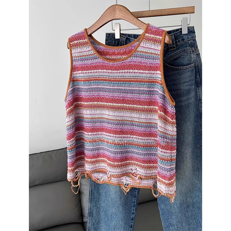 S278# European Explosions Super Good-looking Rainbow Color Pit Striped Knitted Shirt Women's Small Vest Vest