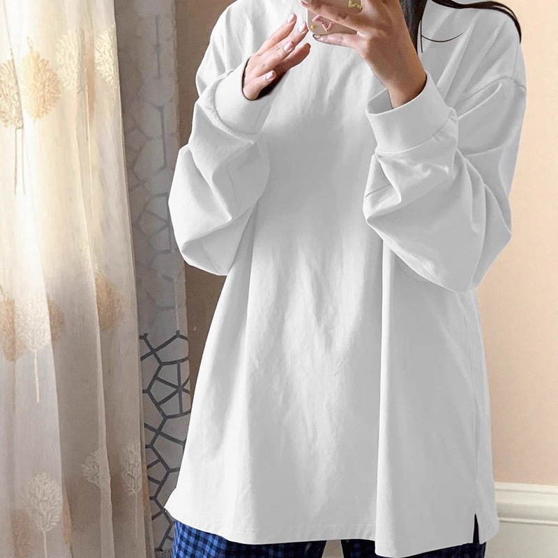 400g纯棉纯色长袖T恤女2025秋冬新款宽松白色简约内搭打底衫上衣|undefined