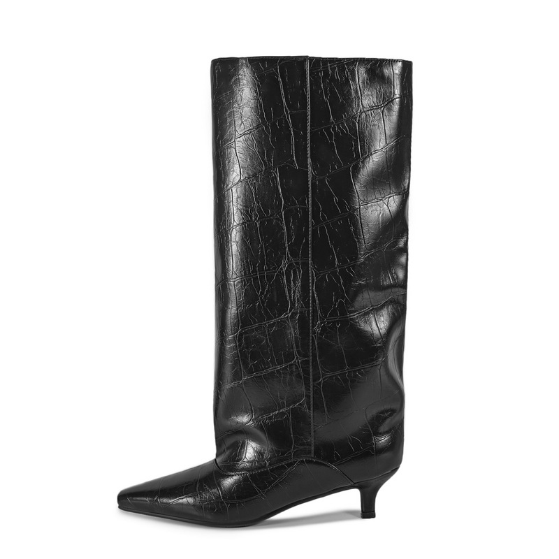 European and American Style Foreign Trade Kitten Heel Boots with Extra Wide Shaft Design, Irregular Stone Pattern, Personalized Knee-High Boots, Large Sizes 35-45