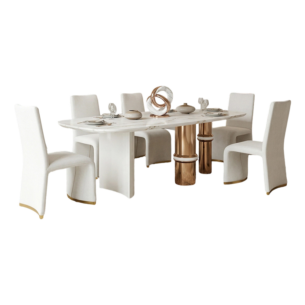 Mesa de Comedor Italiana de 2.2 Metros, Mármol y Acero Inoxidable, Rectangular, para 4-8 Personas, para Comedor