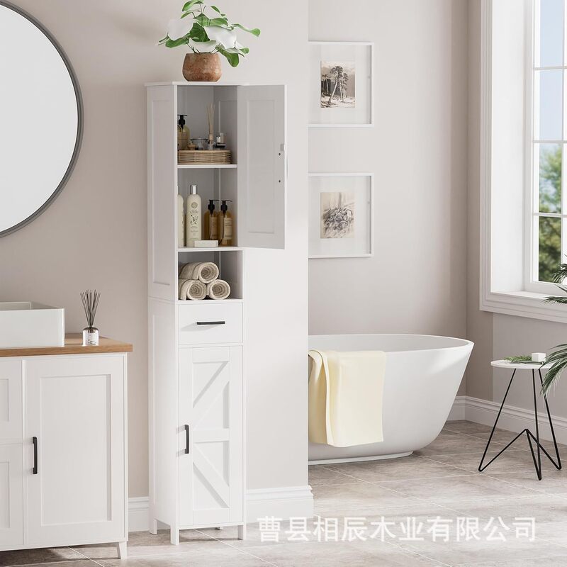 Tall Bathroom Storage Cabinet with 2 Doors and 1 Drawer, Adjustable Shelves, Narrow Storage Unit for Bathroom and Living Room