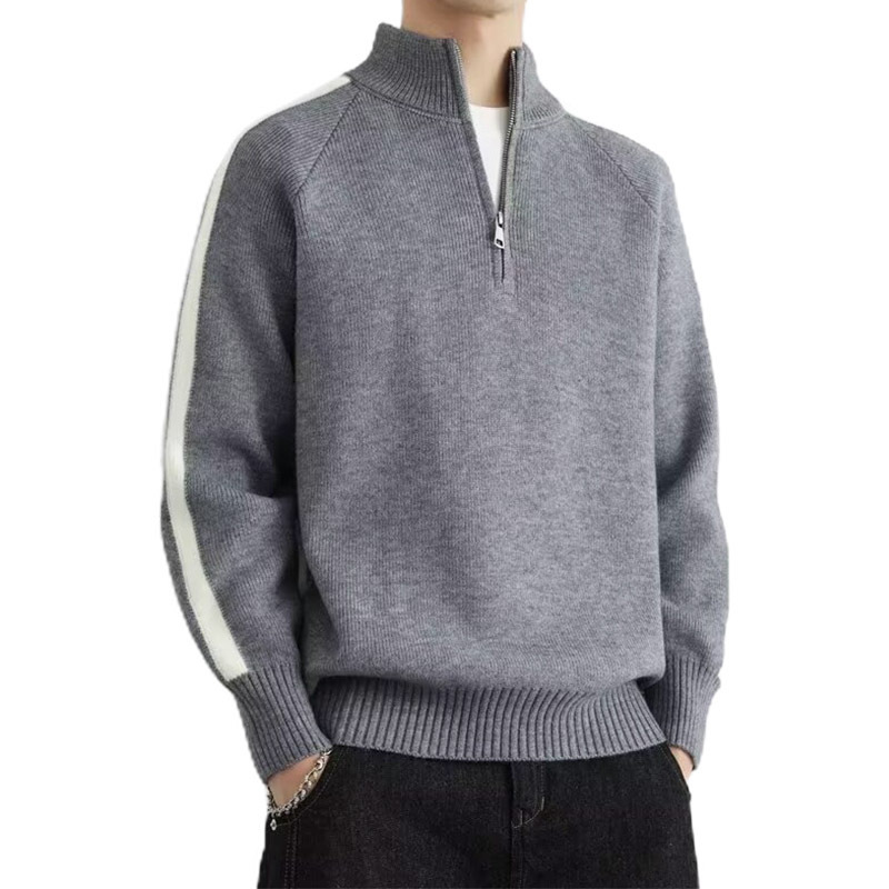 Explosiones transfronterizas de tamaño europeo gran collar Henry collar medio cremallera camiseta de punto suéter hombre rayas otoño invierno fábrica al por mayor