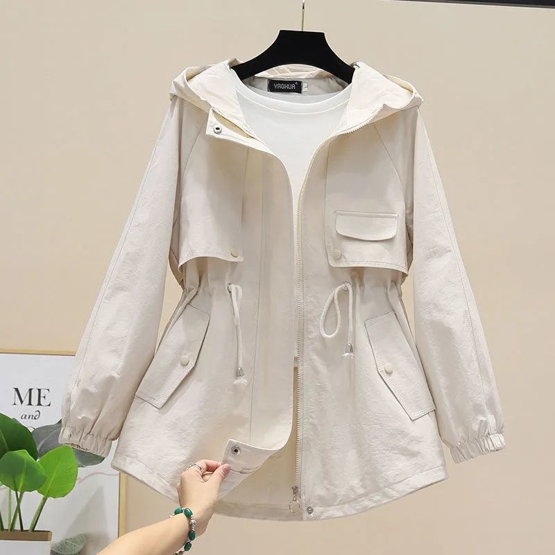Spring and Autumn Mid-Length Windbreaker Jacket Women's Hooded Drawstring Waist Loose Large Size Casual Embroidery Versatile Top