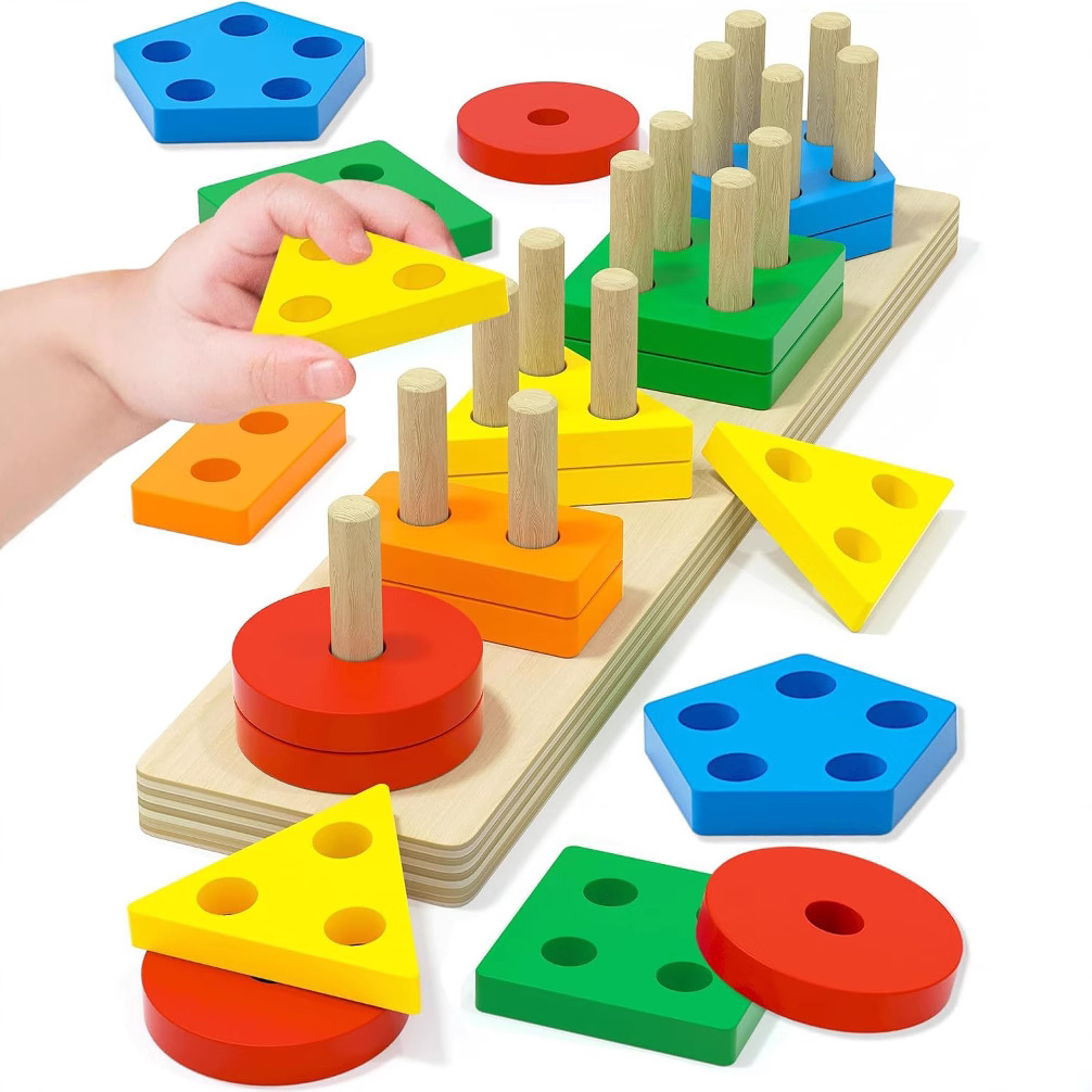 Educación temprana educación cinco conjuntos de columnas bebé inteligencia geométrica forma de la Junta juego bloques de construcción juguete enseñanza ayuda niños iluminación