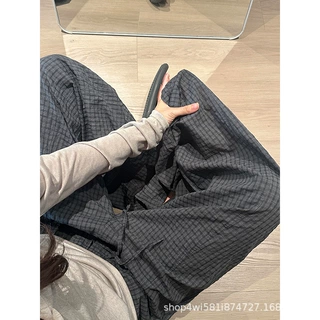 灰色复古格纹阔腿裤女秋季款木质淡人风韩系胖mm宽松显瘦休闲裤