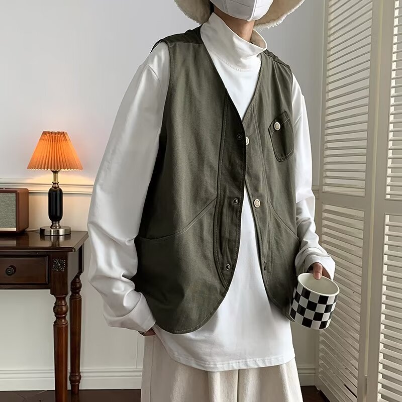 Workwear waistcoat casual multi-pocket photography new media club trendy work clothes cotton vest coat logo