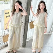 女童夏季阔腿裤套装2025新款大童花边无袖上衣棉麻裤子两件套儿童