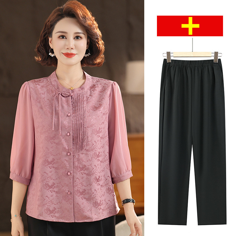 Fashion mother's lapel buckle long sleeve shirt spring new foreign style noble small shirt temperament middle-aged suit Fashion mother's lapel buckle long sleeve shirt spring new foreign style noble small shirt temperament middle-aged suit