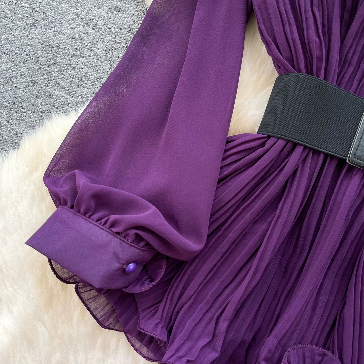 French Office Style Purple Lantern Sleeve Belted Ruffle Midi Dress For Women | Autumn Elegant Two-Piece Set_ecoleips.com