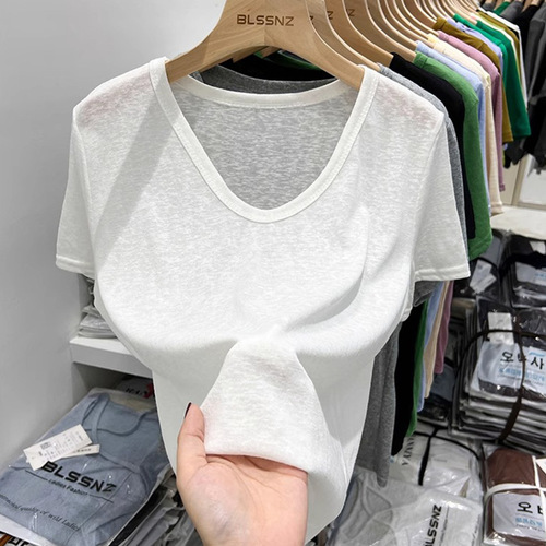 Korean-style V-neck white casual short-sleeve women's snow cotton 2025 summer new loose hide fat slimming top