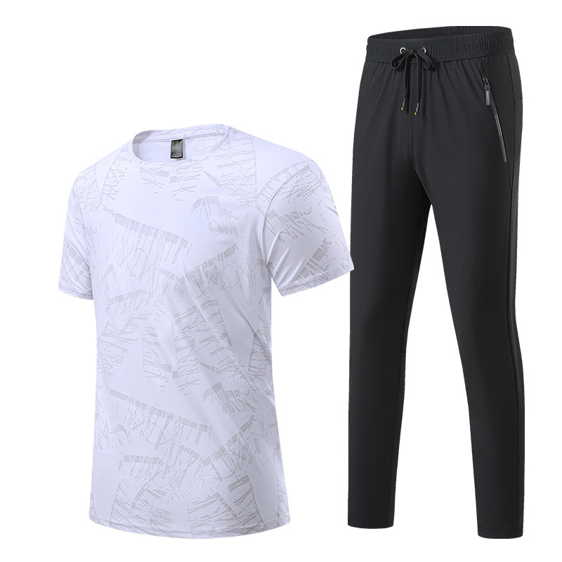 Ice Silk Suit Sportswear Summer Men's Large Size Casual New Thin Sports Suit Short-Sleeved Trousers Two-Piece Set