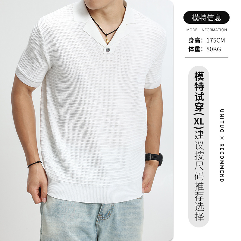 2026 nuevo viejo dinero hombre waffle polo camisa de punto hombre con solapa de manga corta de alto nivel de negocios casual hombre