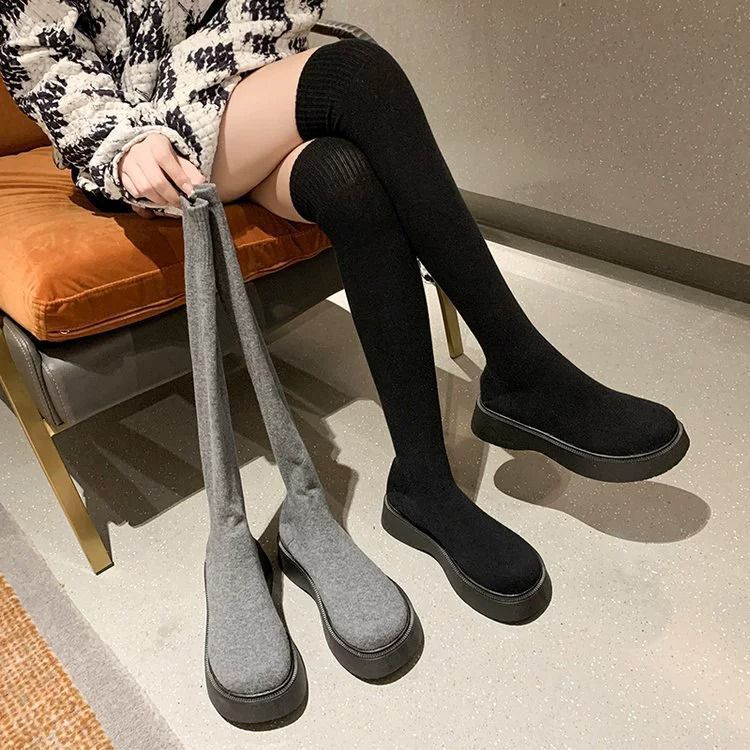Stretch Boots Women's High-Heeled Short Boots Knitted Spring & Fall New Single Boots Round-Toe Socks Boots Thick-Heeled Shoes Over-The-Knee Boots High-Heeled Shoes