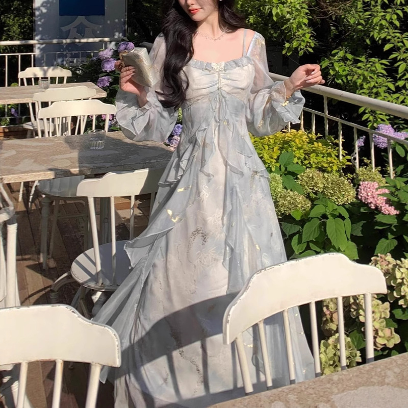 2025 Early Autumn Seaside Tourism Temperament Gray Blue Sizzy Fairy Butterfly Bronzing Ruffled Long Sleeve dress Women