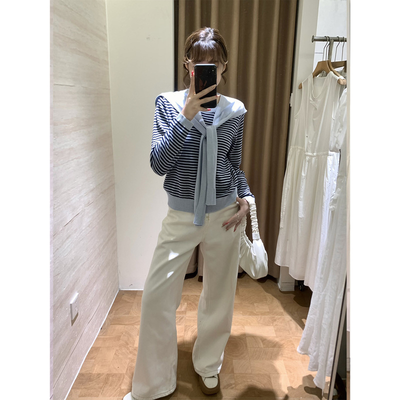 韩女穿搭！秋季新气质百搭真两件羊毛混纺软糯条纹针织毛衣披肩女|undefined