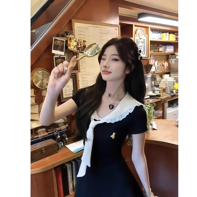 法式温柔甜美学院风海军领连衣裙女夏季新款收腰显瘦气质蓬蓬短裙|undefined
