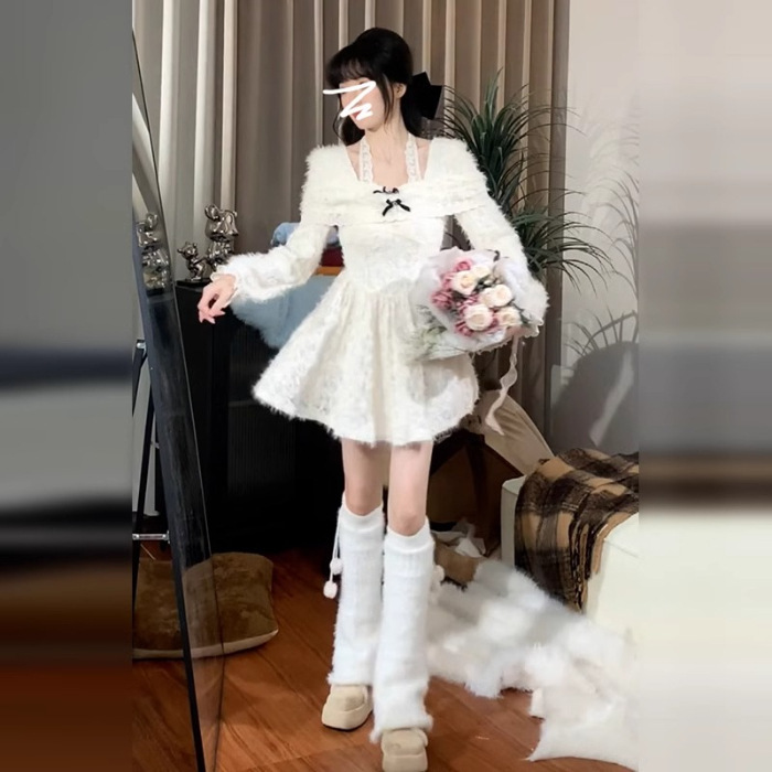 甜美氛围感白色蕾丝挂脖连衣裙女2025秋冬新款温柔显瘦蓬蓬短裙子|undefined