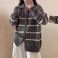 撞色条纹半拉链毛衣女韩版宽松慵懒简约复古风翻领长袖针织衫上衣