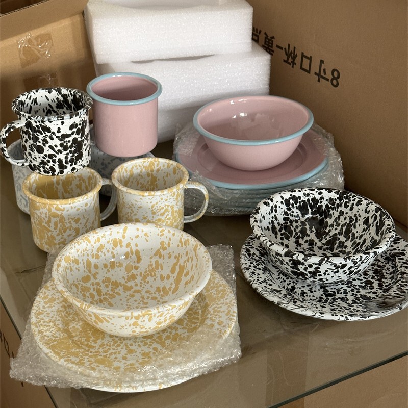 Korean ins Same Style Vintage Splash Ink Enamel Tableware Set Enamel Bowl Mug Plate