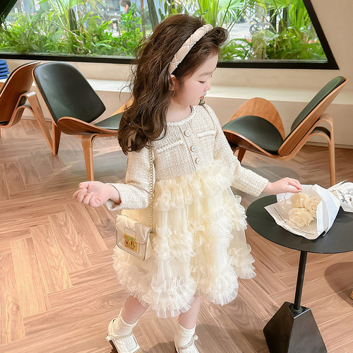  Spring/Autumn New Arrival Girls' Dress: Chic, Solid-Color Tiered Cake Skirt—Perfect for Formal Events, Featuring Elegant Sheer Fabric and a Princess-Like Design