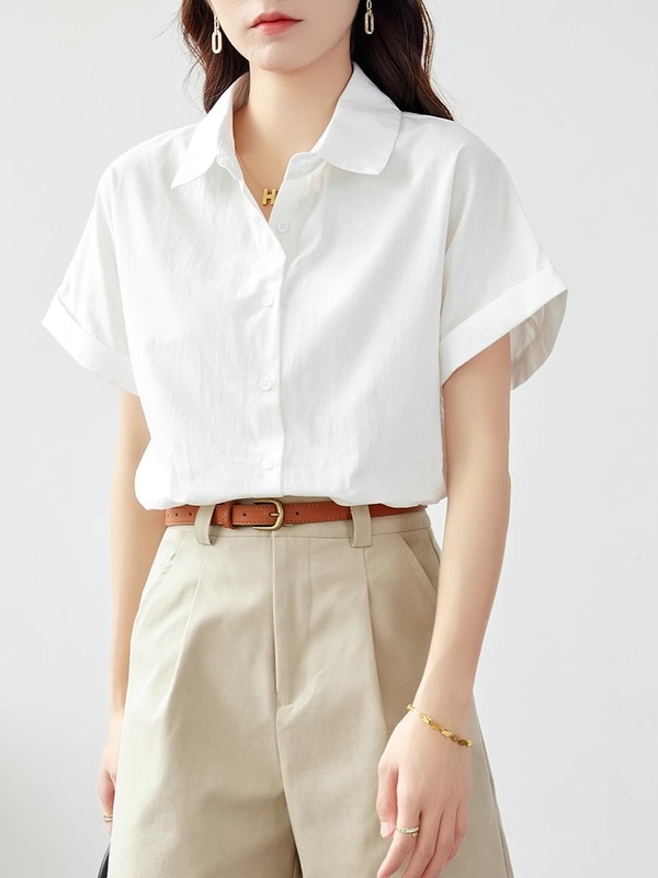 純綿の女性の半袖白シャツ女性のための 2025 新しい白シャツプロフェッショナル通勤女性の夏の半袖トップ|undefined