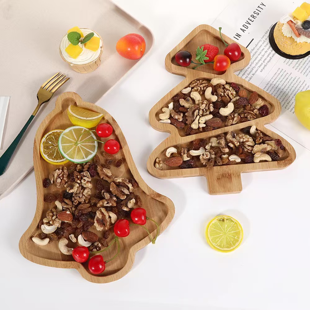 Cute Christmas Tree Dinner Plate Compartment Bamboo Decoration Theme Party Tableware Restaurant Dessert Fruit Snack Tray
