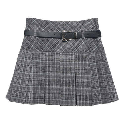 Physical store wool plaid pleated skirt high waist anti-exposure A-line skirt with belt 8088