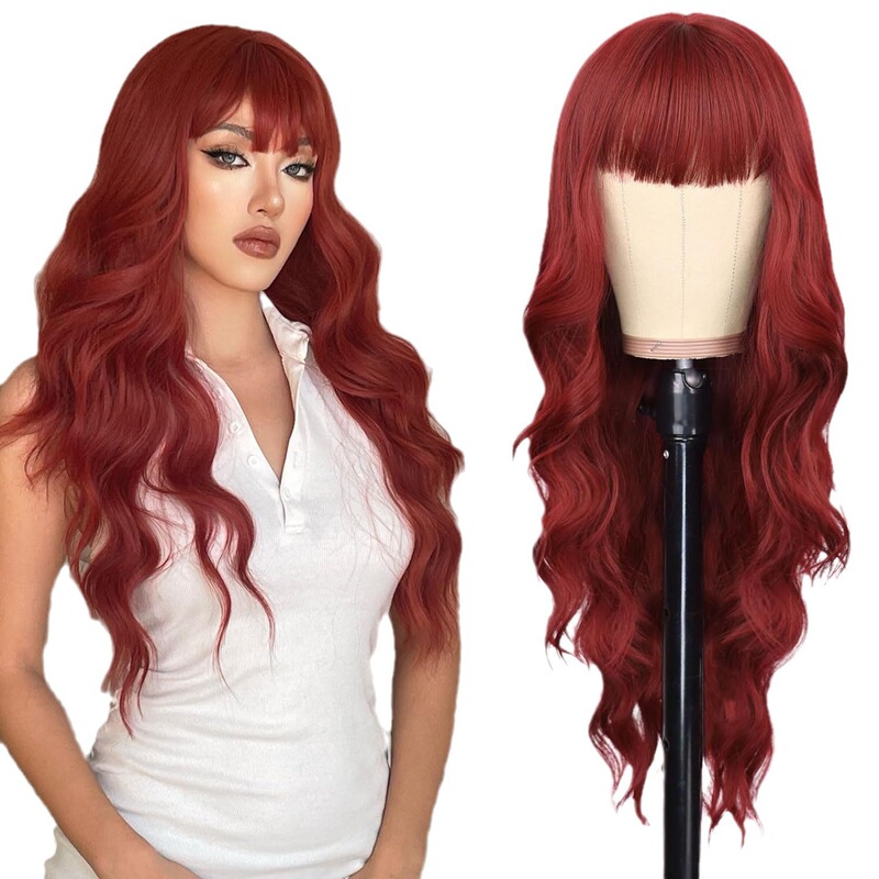 Cross-Border Hot-Selling Women's Bright Burgundy European and American Style Wig with Straight Bangs, Long Wavy Synthetic Hair Wig Cross-Border Hot-Selling Women's Bright Burgundy European and American Style Wig with Straight Bangs, Long Wavy Synthetic Hair Wig