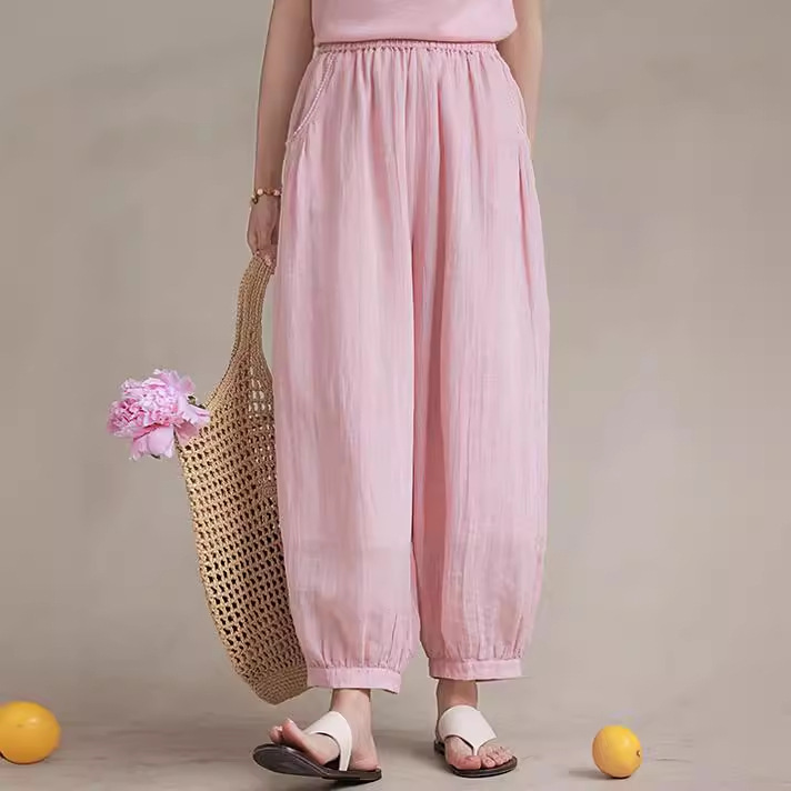 2025夏季新品苎麻加捻宽皱成衣染显瘦清凉萝卜裤