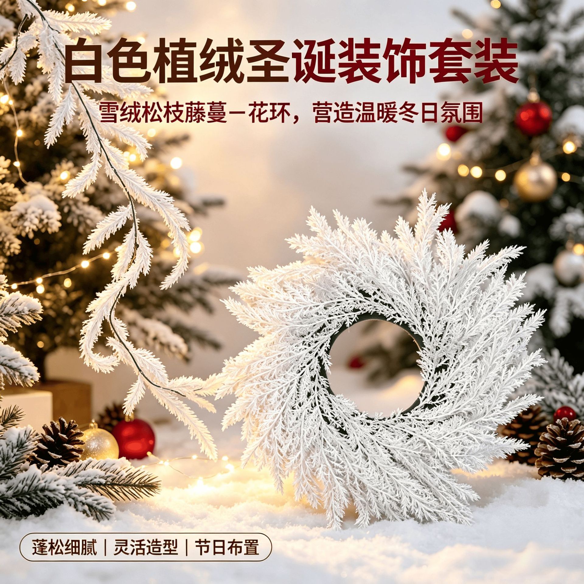 Cross-border snow-covered artificial pine needle garland, white artificial pine needle decorations, European and American Christmas porch decorations