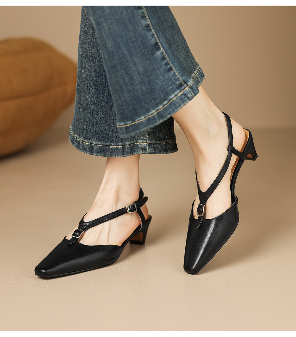 Sandal nữ quai ngang mũi kín da cừu gót thô 4 cm phong cách Hàn Quốc — đen chi tiết 19