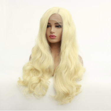 Fibra química peluca estrella de moda europea y americana oro ligero parcial gran onda frente encaje cubierta de cabeza fabricantes al por mayor LW0034