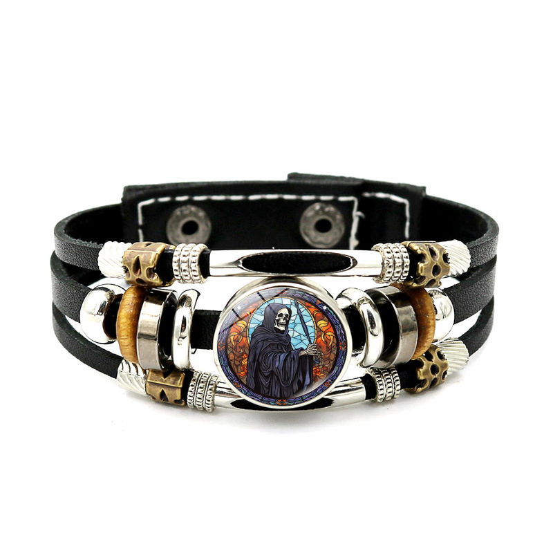 Halloween Pumpkin Leather Bracelet Men's Braided Punk Vintage Beaded Halloween Gift Bracelet_voghion.com