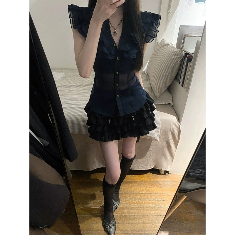 Французская шифоновая рубашка с небольшими летящими рукавами и рюшами, летний темпераментный топ, пышная юбка, сексуальный костюм для горячих девушек для женщин