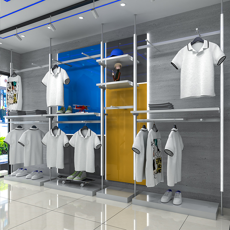 Estante de exhibición especial para tienda de ropa de pared superior, estante de exhibición colgante con columna de luz, estante de exhibición de tienda de ropa de hombre