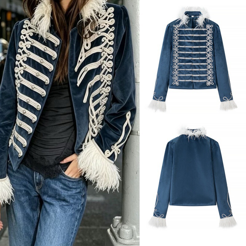 Cross-Border European and American Women's Clothing Wholesale, Vintage Style, High-End Fashion, Versatile Feather Embellished Embroidered Long-Sleeve Short Jacket Cross-Border European and American Women's Clothing Wholesale, Vintage Style, High-End Fashion, Versatile Feather Embellished Embroidered Long-Sleeve Short Jacket