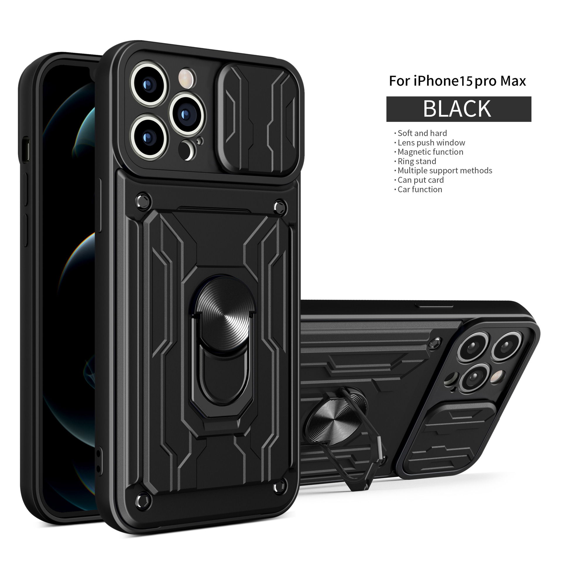 iP15 pro max bolsas de tarjetas para teléfonos móviles Apple TPU + PC armadura anti-caída ventana de empuje de lente