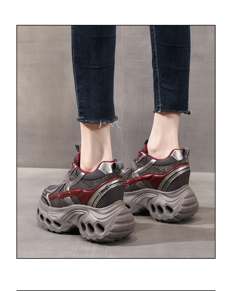 Giày sneaker nữ đế dày phong cách bố bỉm lỗ thoáng khí, tăng chiều cao 12 cm — màu nâu chi tiết 16