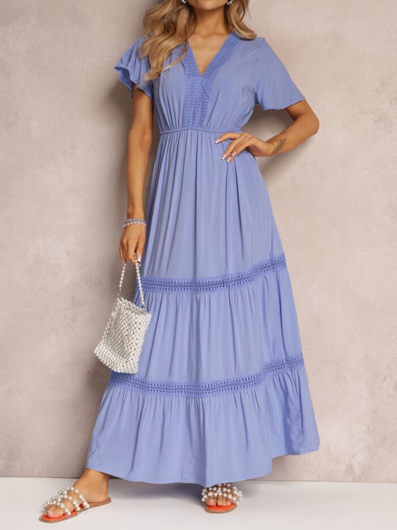 Women's Clothing Elegant Style Women's Long Sleeve Lace Ruffle Sleeve V Neck Solid Color Dress Full Skirt Fashion_ecoleips.com